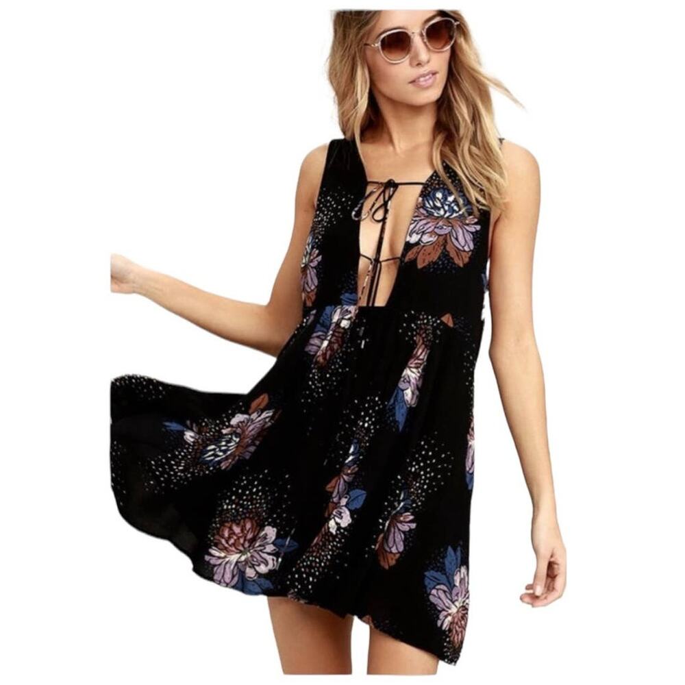 Free People Black Floral Front Tie Swing Dress